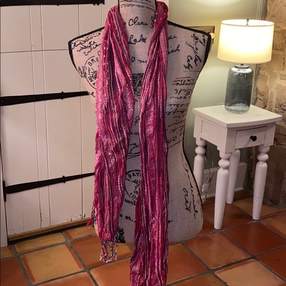 Red printed scarf with metallic detail